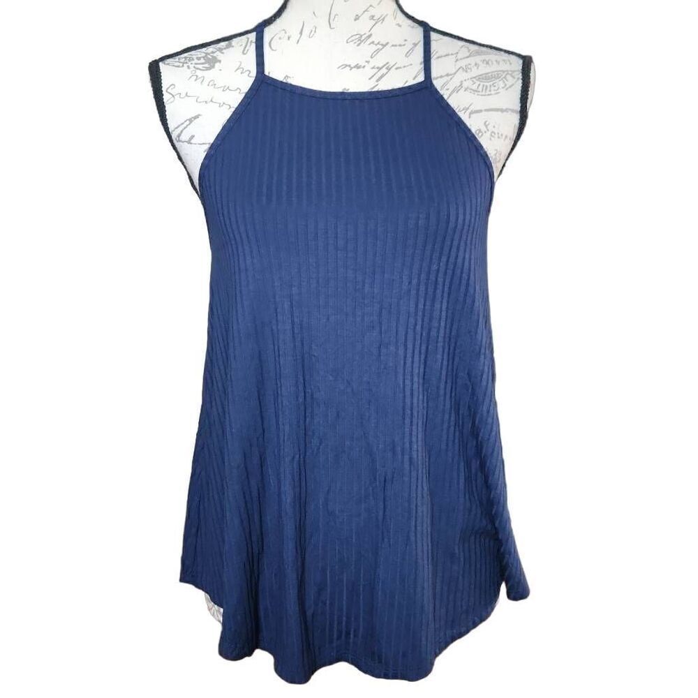 Moa Moa Women's Size Large Navy Ribbed Lace Up Back Tank Top